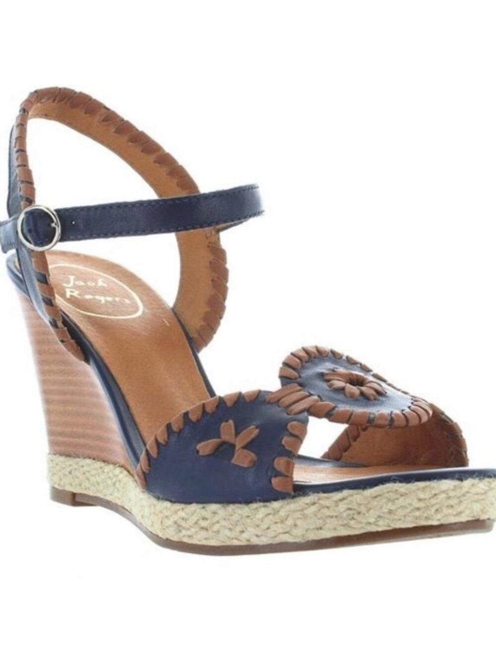 Jack Rogers Clare Navy Blue Leather Wedges Espadrille Sandals Women's 9